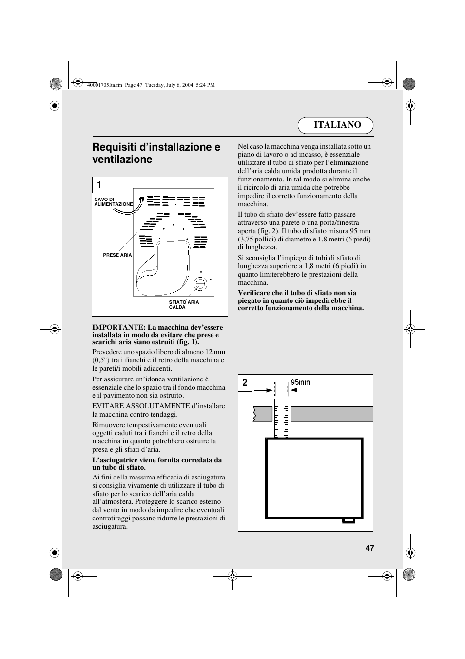 Requisiti d’installazione e ventilazione, Italiano | Candy AB CDV 160 - SY User Manual | Page 47 / 112