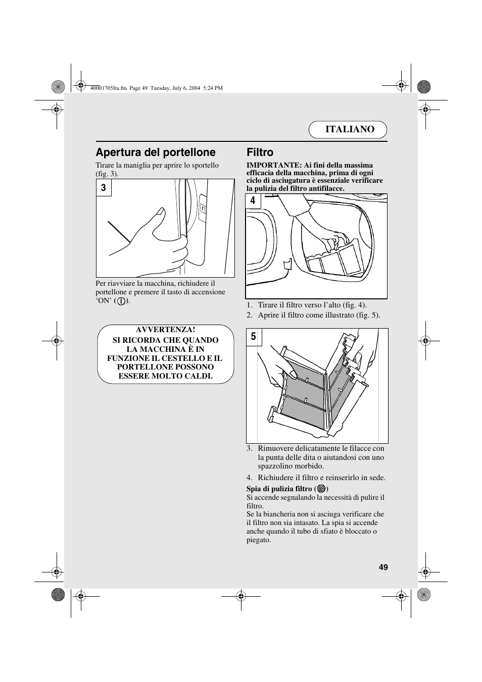 Apertura del portellone, Filtro | Candy AB CDV 160 - SY User Manual | Page 49 / 112