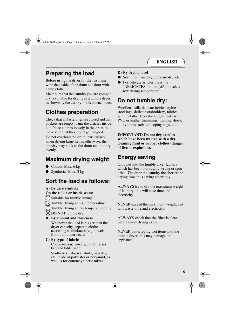 Preparing the load, Clothes preparation, Maximum drying weight | Sort the load as follows, Do not tumble dry, Energy saving | Candy AB CDV 160 - SY User Manual | Page 5 / 112
