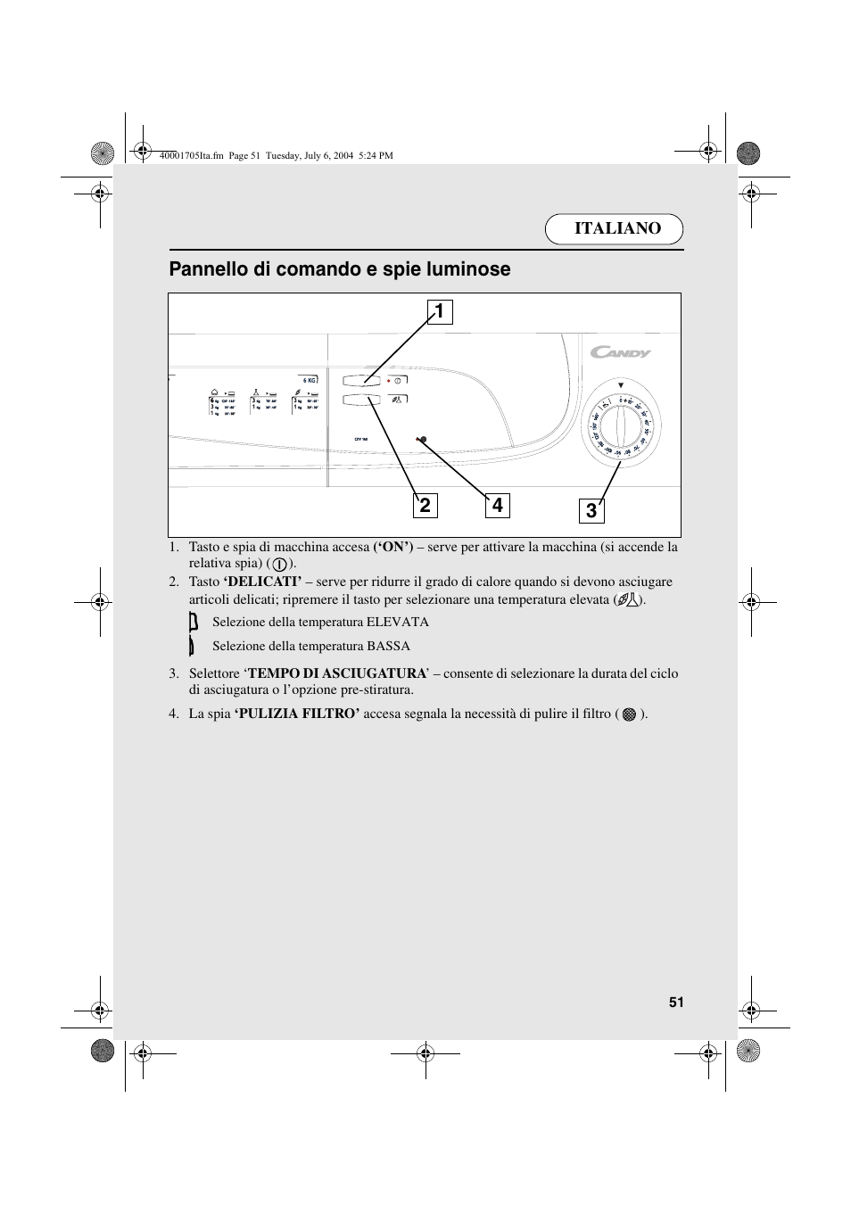 Pannello di comando e spie luminose | Candy AB CDV 160 - SY User Manual | Page 51 / 112