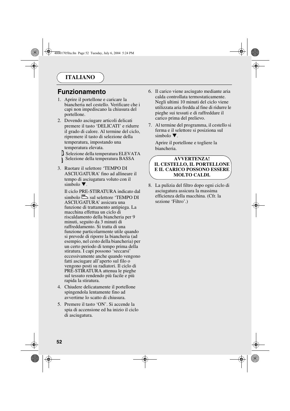 Funzionamento, Italiano | Candy AB CDV 160 - SY User Manual | Page 52 / 112