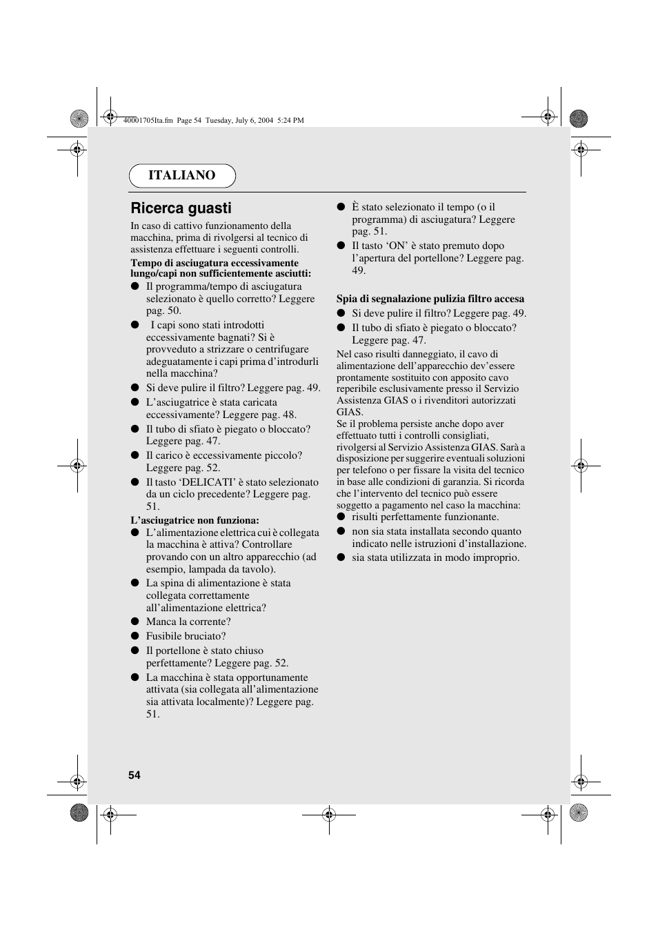 Ricerca guasti, Italiano | Candy AB CDV 160 - SY User Manual | Page 54 / 112