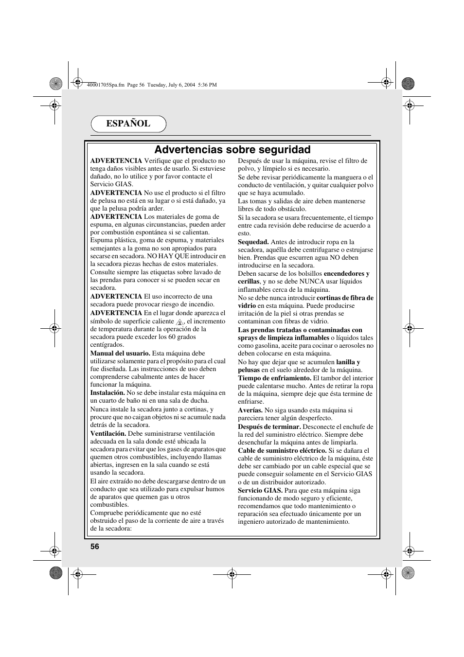 Advertencias sobre seguridad, Español | Candy AB CDV 160 - SY User Manual | Page 56 / 112
