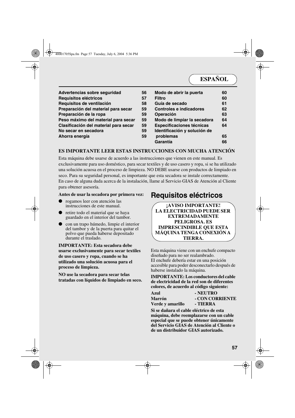 Requisitos eléctricos, Español | Candy AB CDV 160 - SY User Manual | Page 57 / 112