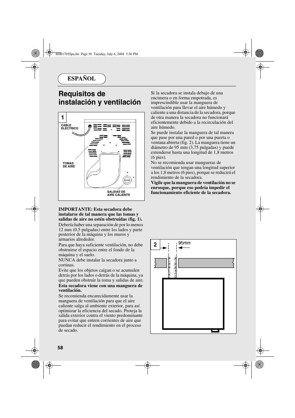 Requisitos de instalación y ventilación, Español | Candy AB CDV 160 - SY User Manual | Page 58 / 112