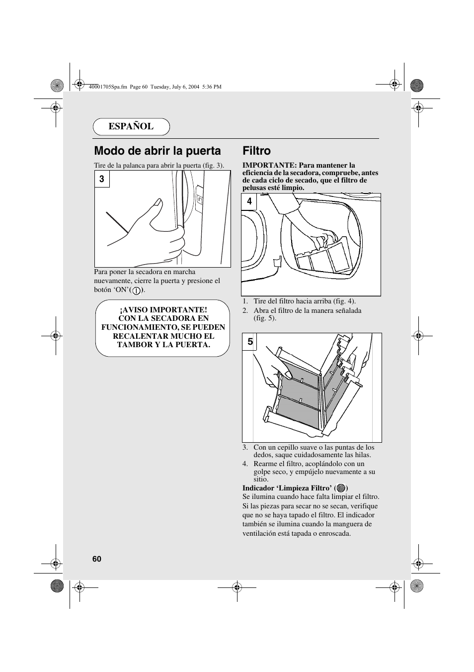 Modo de abrir la puerta, Filtro | Candy AB CDV 160 - SY User Manual | Page 60 / 112