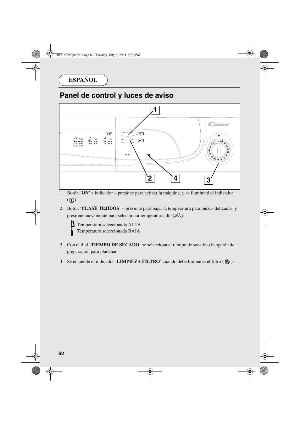 Panel de control y luces de aviso | Candy AB CDV 160 - SY User Manual | Page 62 / 112