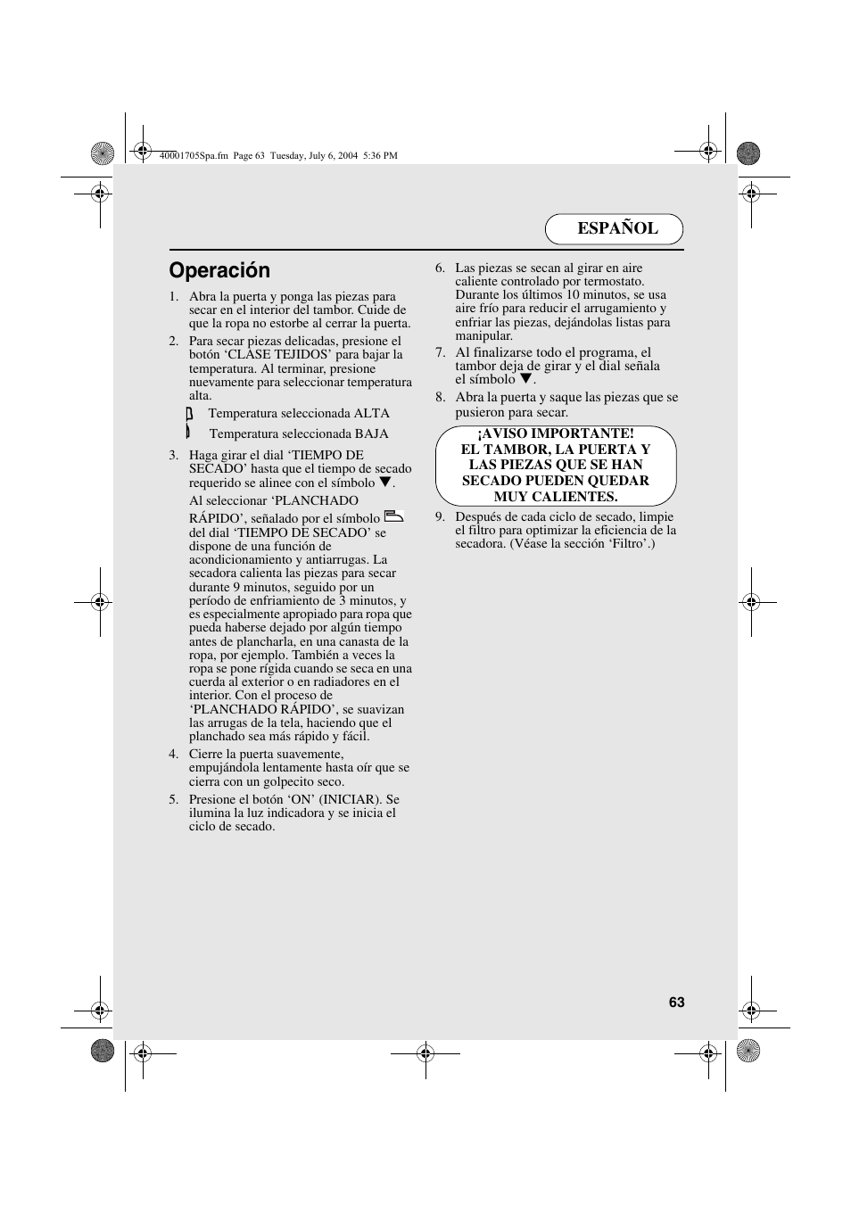 Operación, Español | Candy AB CDV 160 - SY User Manual | Page 63 / 112