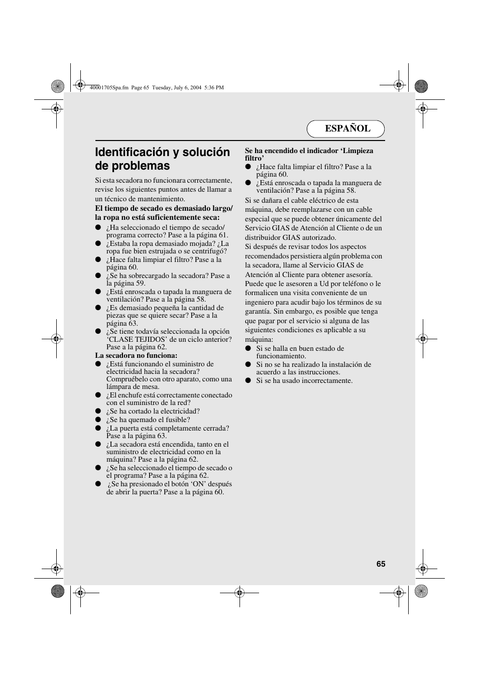 Identificación y solución de problemas, Español | Candy AB CDV 160 - SY User Manual | Page 65 / 112