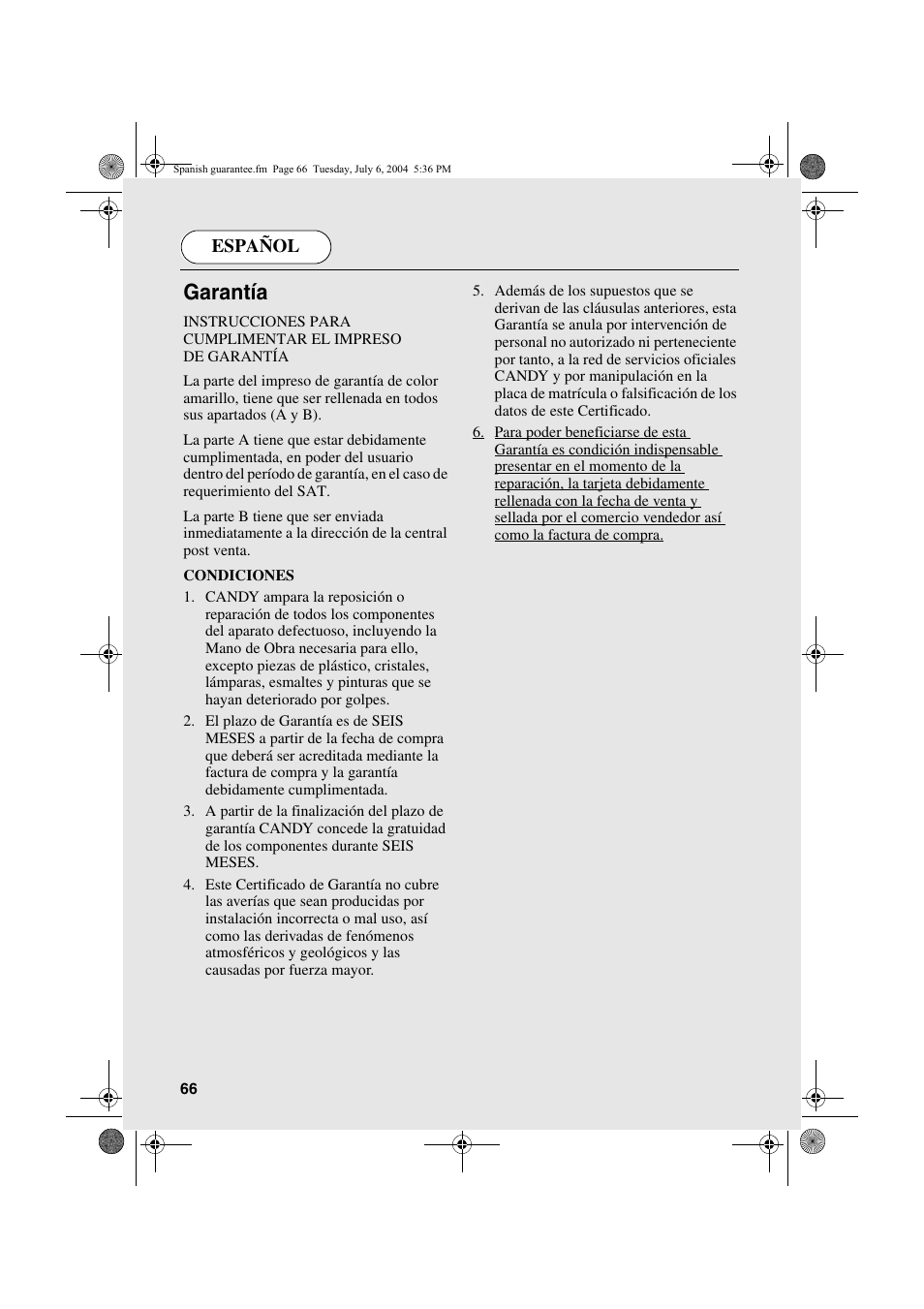 Garantía, Español | Candy AB CDV 160 - SY User Manual | Page 66 / 112