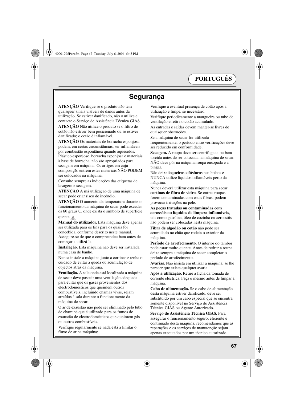 Segurança, Português | Candy AB CDV 160 - SY User Manual | Page 67 / 112