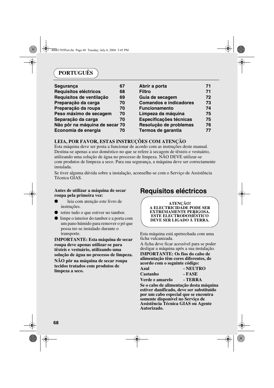 Requisitos eléctricos, Português | Candy AB CDV 160 - SY User Manual | Page 68 / 112