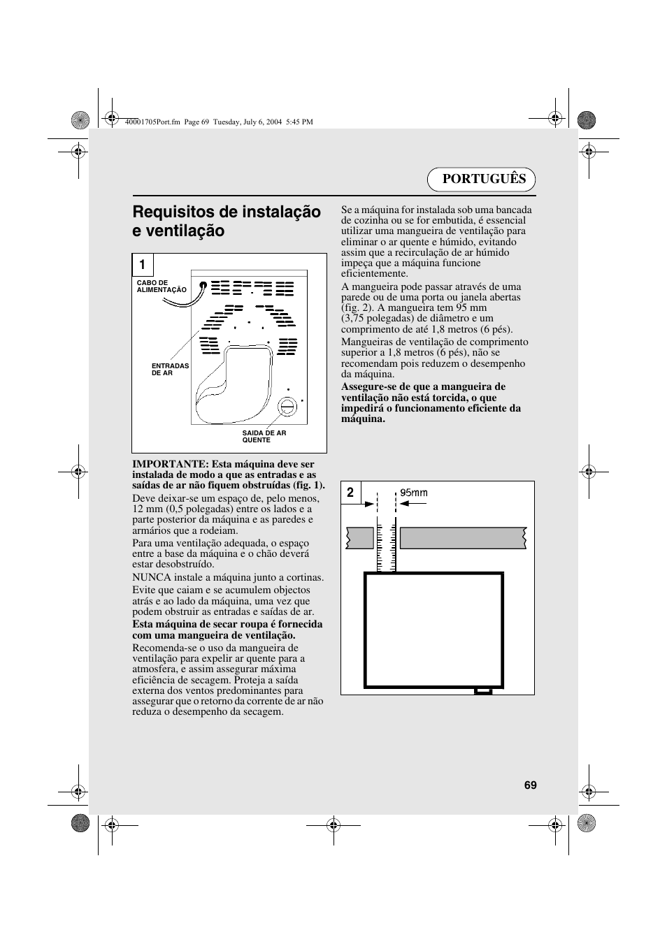 Requisitos de instalação e ventilação, Português | Candy AB CDV 160 - SY User Manual | Page 69 / 112