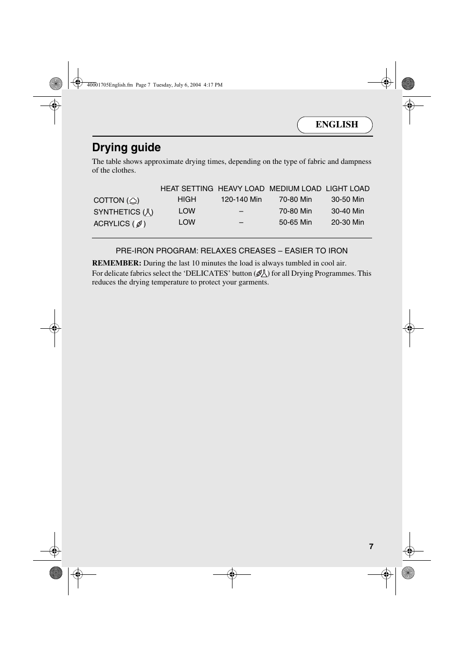 Drying guide, English | Candy AB CDV 160 - SY User Manual | Page 7 / 112