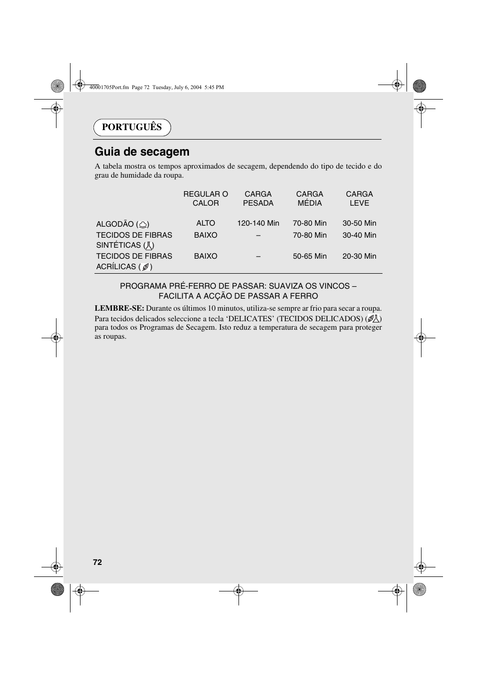 Guia de secagem, Português | Candy AB CDV 160 - SY User Manual | Page 72 / 112