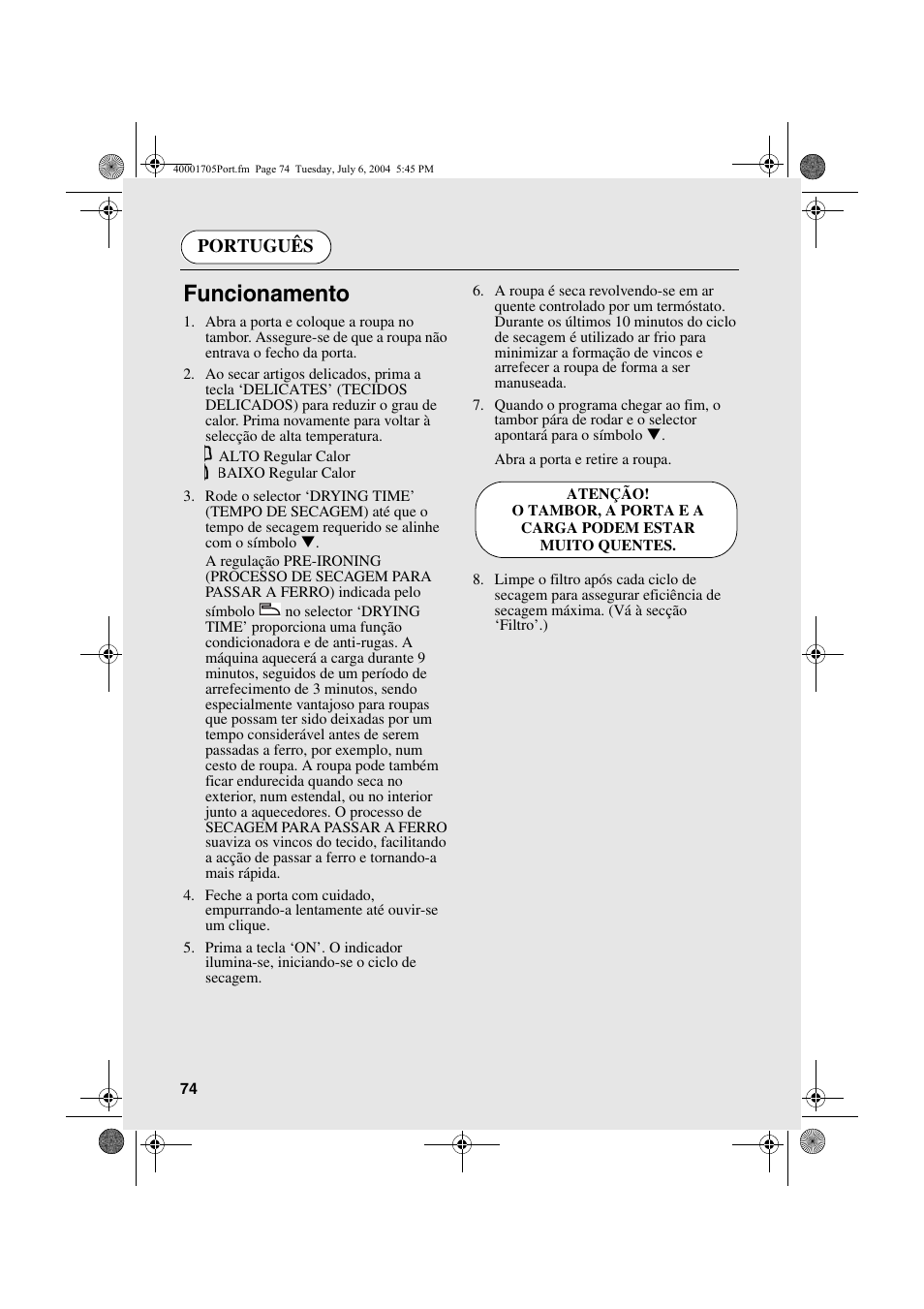 Funcionamento, Português | Candy AB CDV 160 - SY User Manual | Page 74 / 112