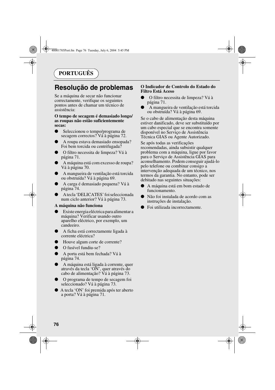 Resolução de problemas, Português | Candy AB CDV 160 - SY User Manual | Page 76 / 112