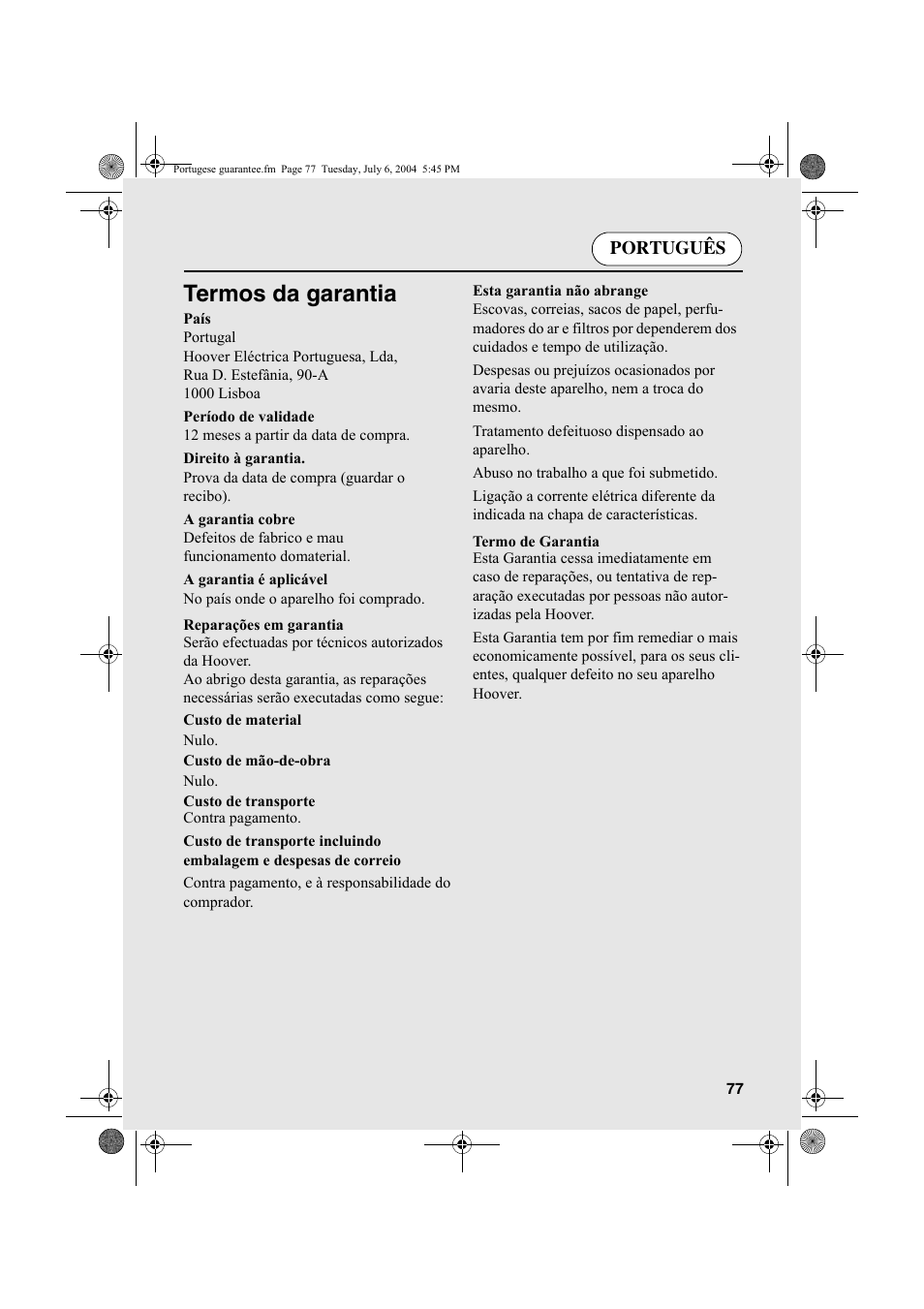 Termos da garantia | Candy AB CDV 160 - SY User Manual | Page 77 / 112