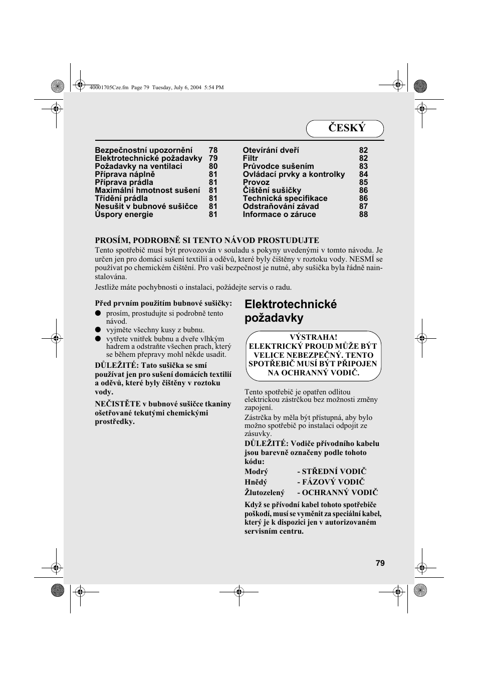 Elektrotechnické požadavky, Český | Candy AB CDV 160 - SY User Manual | Page 79 / 112