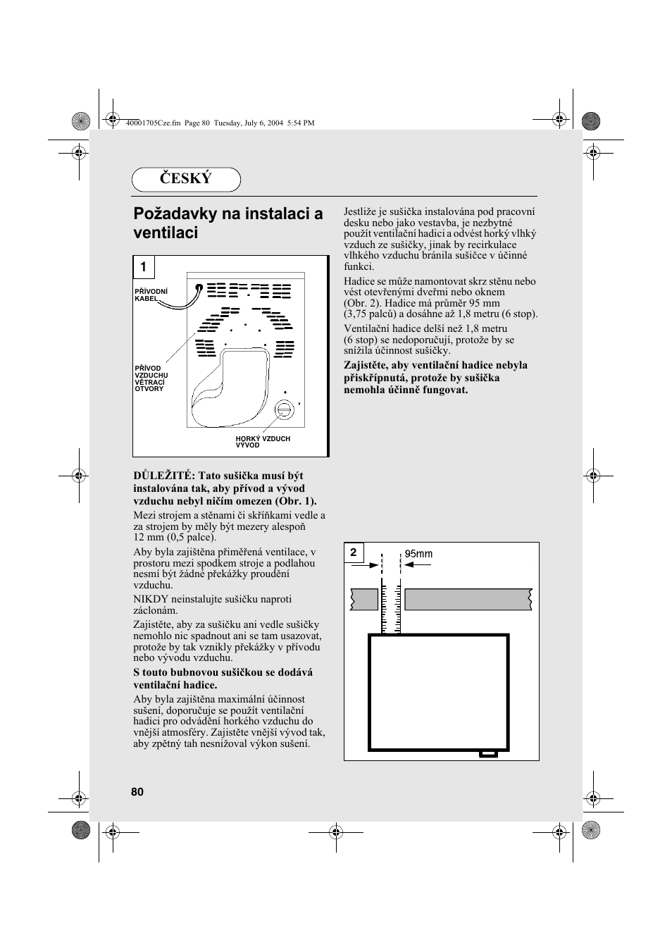 Požadavky na instalaci a ventilaci, Český | Candy AB CDV 160 - SY User Manual | Page 80 / 112