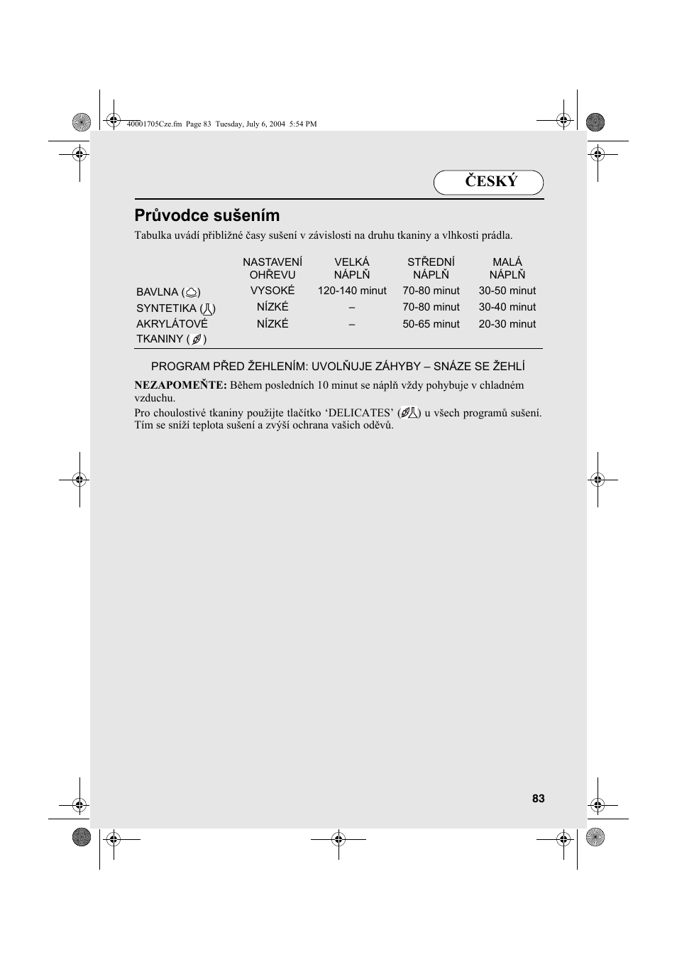 Průvodce sušením, Český | Candy AB CDV 160 - SY User Manual | Page 83 / 112