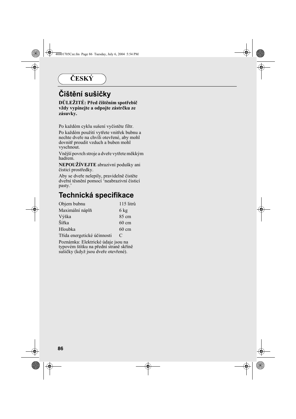 Čištění sušičky, Technická specifikace, Český | Candy AB CDV 160 - SY User Manual | Page 86 / 112