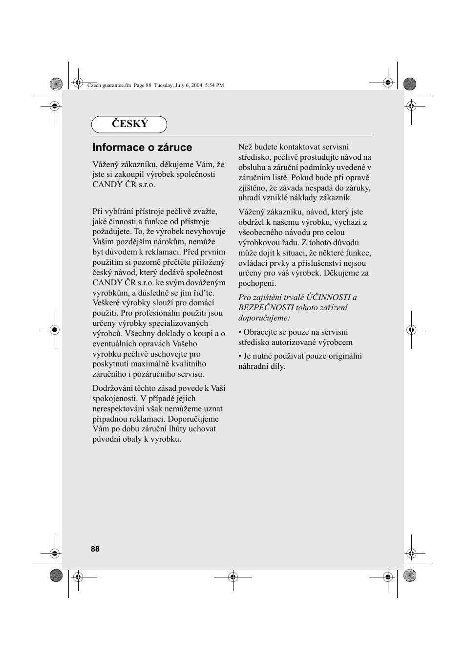 Informace o záruce, Český | Candy AB CDV 160 - SY User Manual | Page 88 / 112