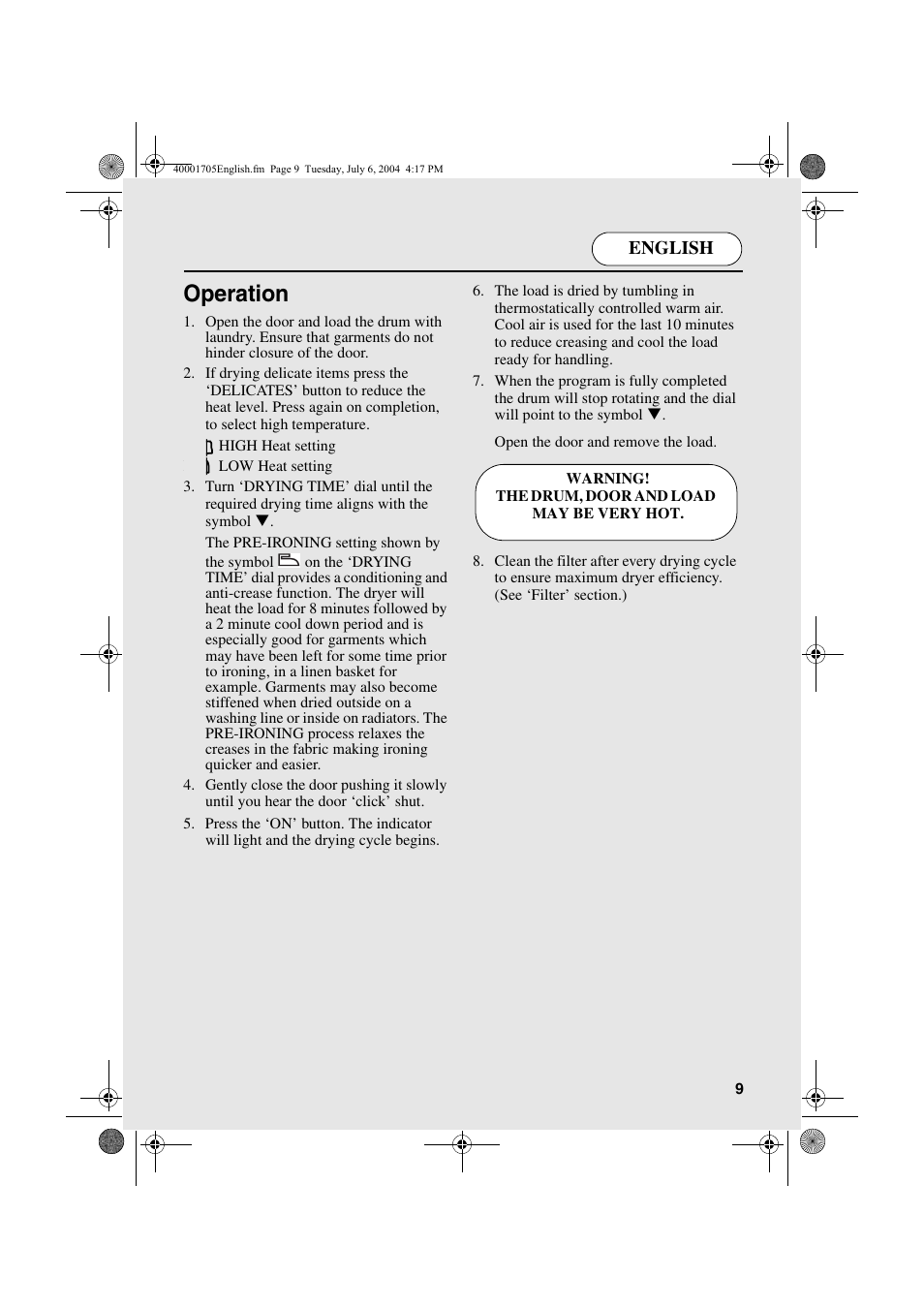 Operation, English | Candy AB CDV 160 - SY User Manual | Page 9 / 112