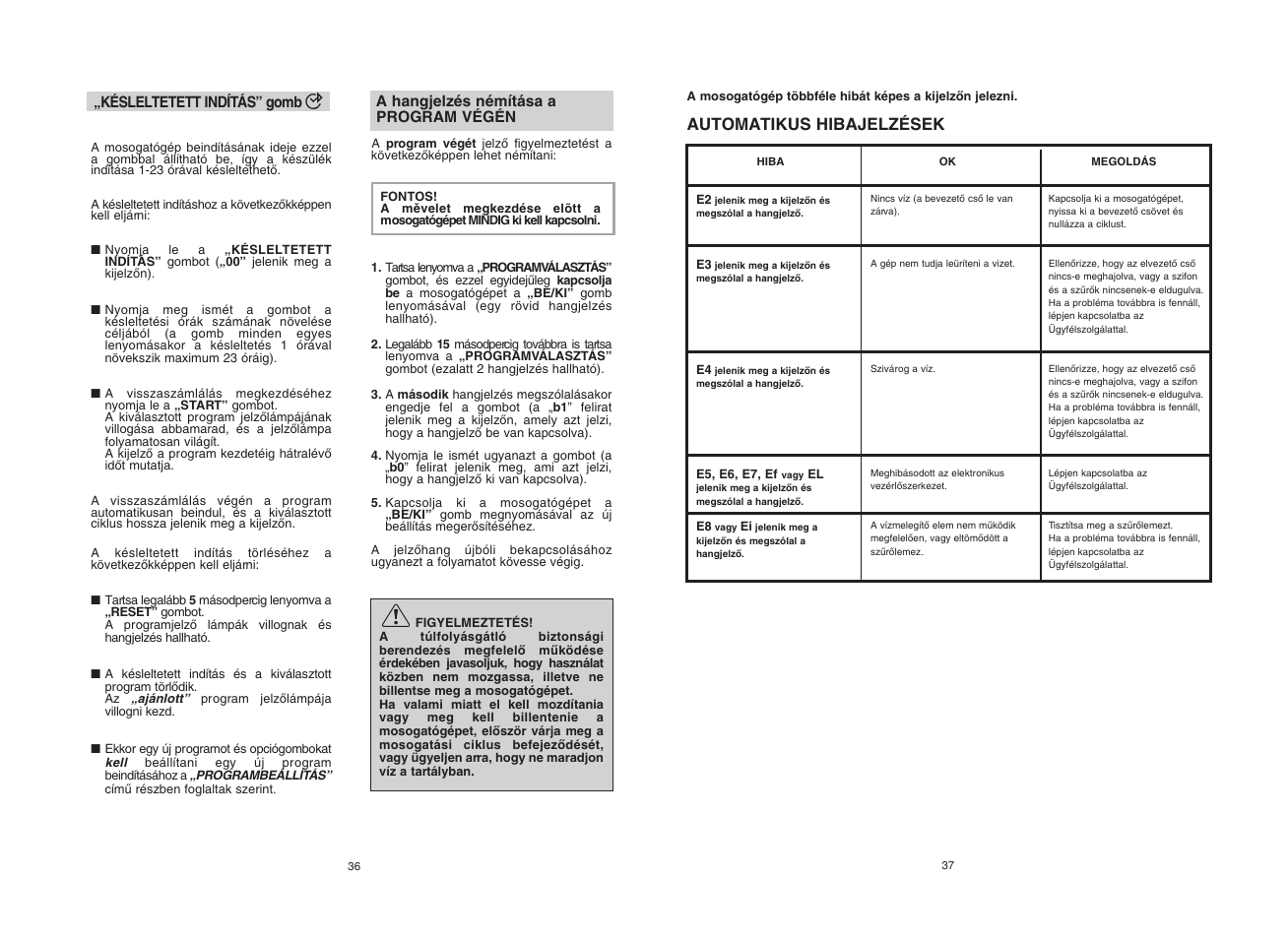 Automatikus hibajelzések | Candy CDF8 72E10L-S User Manual | Page 19 / 37
