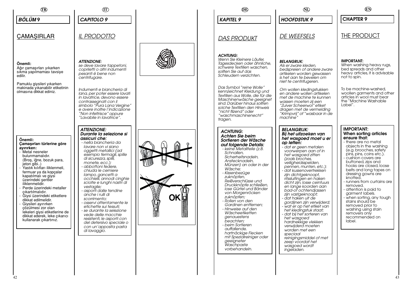 The product, Il prodotto, De weefsels | Das produkt, Çamaﬁirlar | Candy CBL130DE User Manual | Page 22 / 37