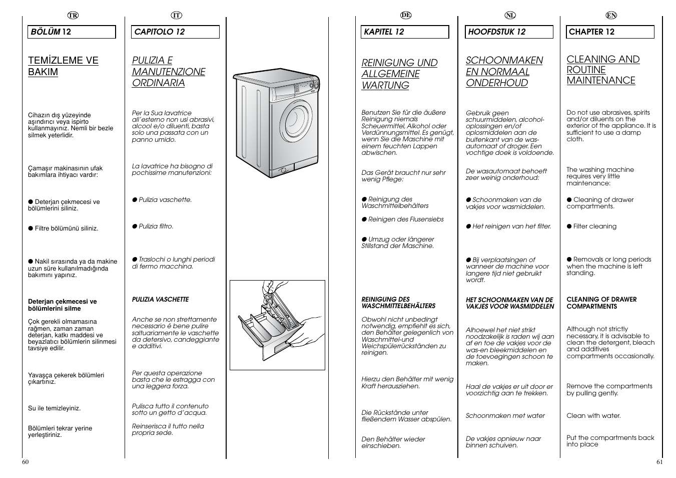 Cleaning and routine maintenance, Schoonmaken en normaal onderhoud, Pulizia e manutenzione ordinaria | Reinigung und allgemeine wartung, Tem‹zleme ve bakim | Candy CBL130DE User Manual | Page 31 / 37
