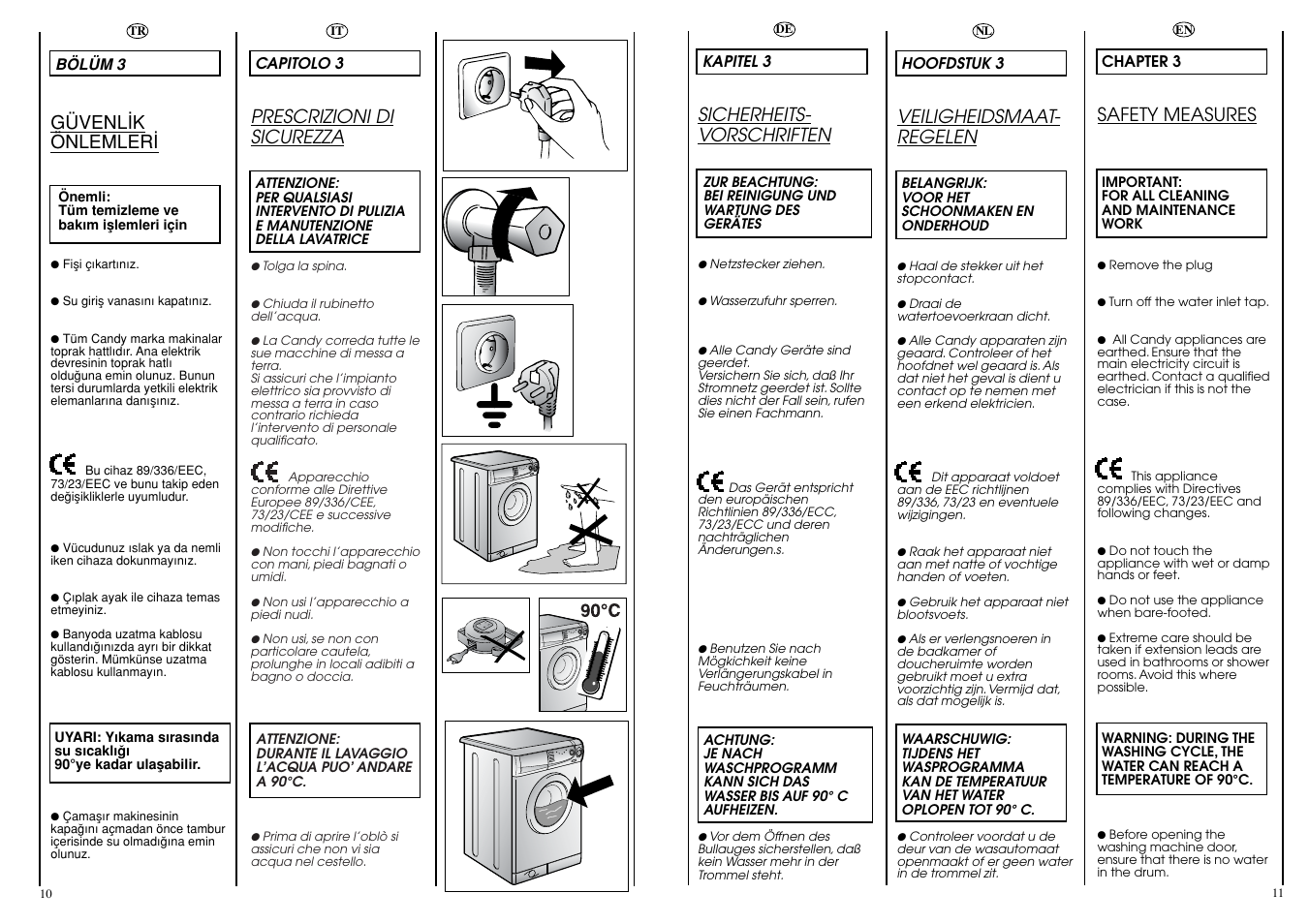 Safety measures, Prescrizioni di sicurezza, Veiligheidsmaat- regelen | Sicherheits- vorschriften, Güvenl‹k önlemler | Candy CBL130DE User Manual | Page 6 / 37