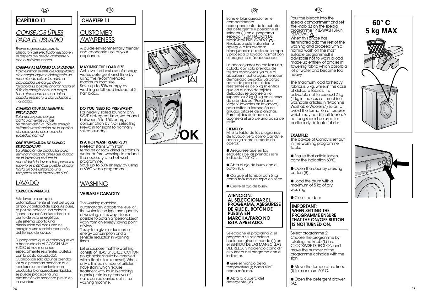 60° c 5 kg max, Customer awareness, Washing | Consejos útiles para el usuario, Lavado | Candy CBE 1025 TS5 ES User Manual | Page 13 / 17
