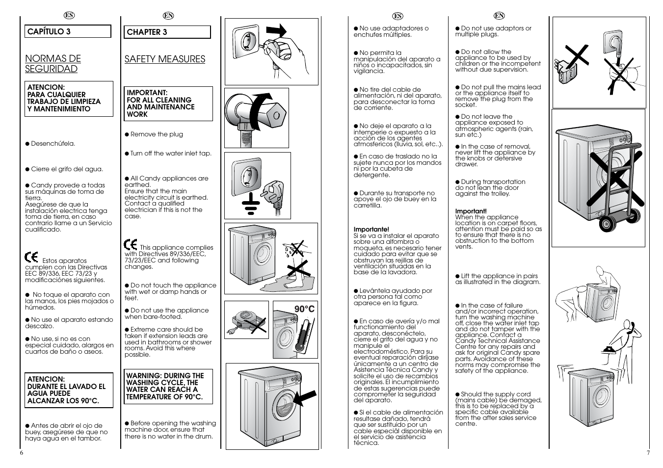 Safety measures, Normas de seguridad | Candy CBE 1025 TS5 ES User Manual | Page 4 / 17