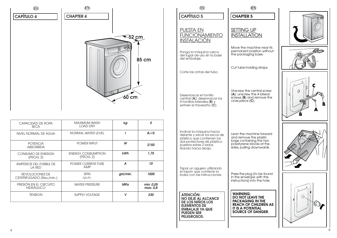 Setting up installation, Puesta en funcionamiento instalación | Candy CBE 1025 TS5 ES User Manual | Page 5 / 17