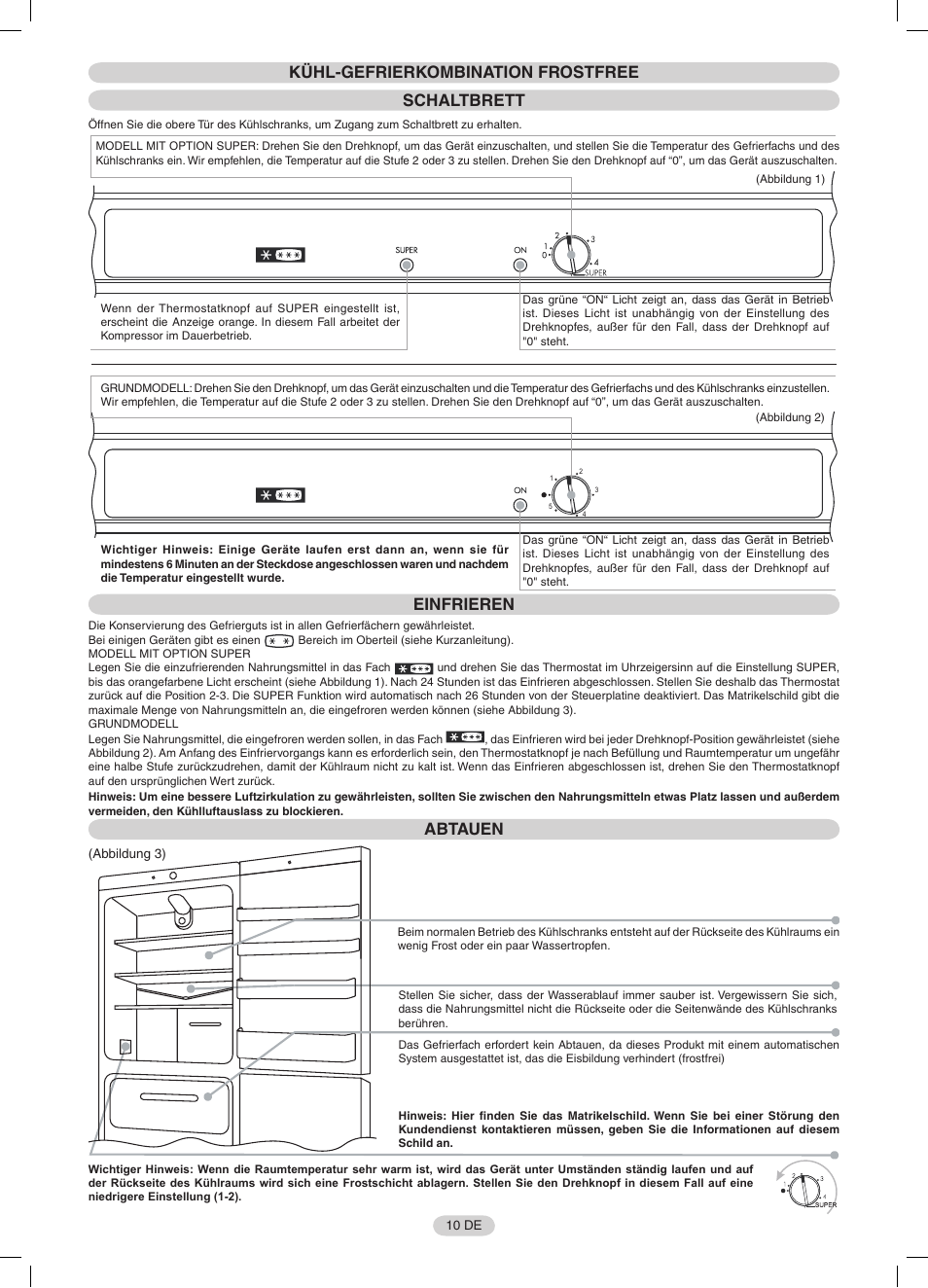 Kühl-gefrierkombination frostfree schaltbrett, Einfrieren, Abtauen | Candy CFNF 3755 User Manual | Page 10 / 32