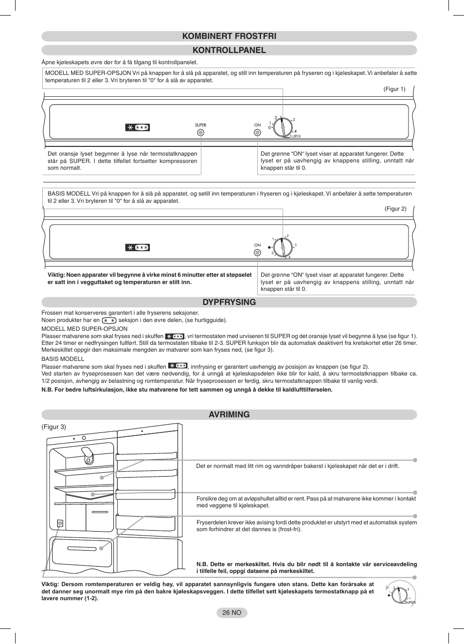 Kombinert frostfri kontrollpanel, Dypfrysing, Avriming | Candy CFNF 3755 User Manual | Page 26 / 32