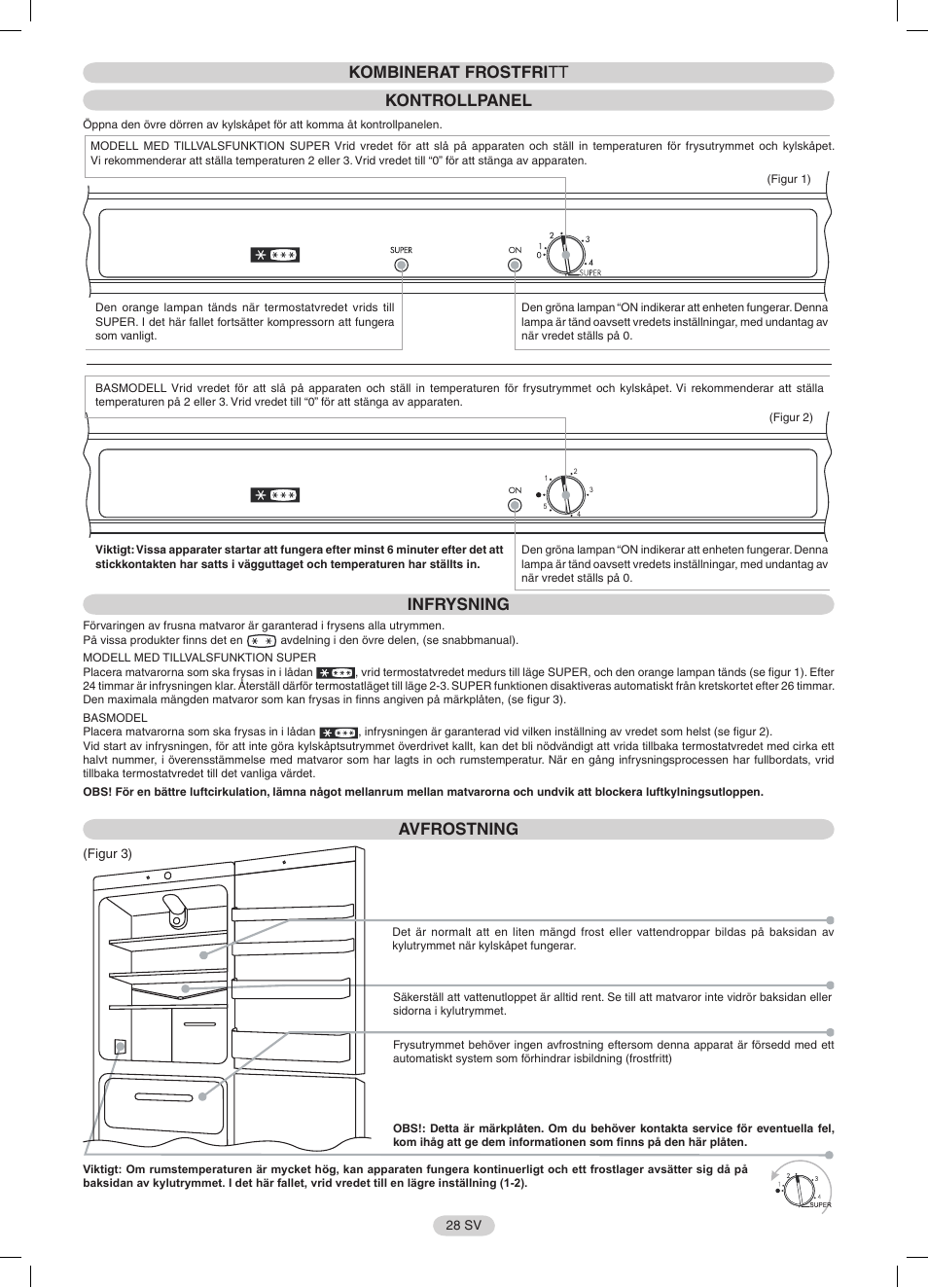 Kombinerat frostfri tt kontrollpanel, Infrysning, Avfrostning | Candy CFNF 3755 User Manual | Page 28 / 32