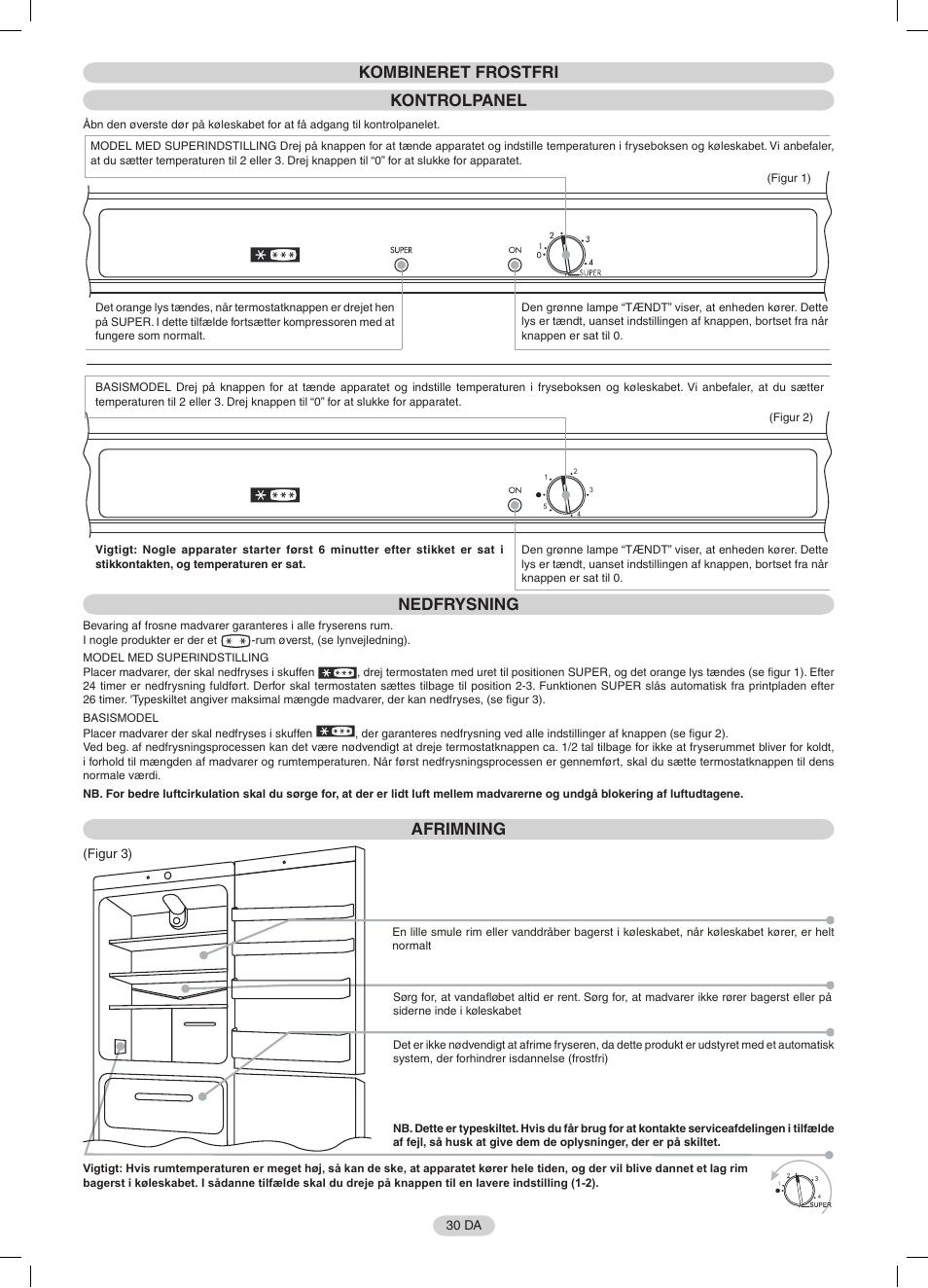 Kombineret frostfri kontrolpanel, Nedfrysning, Afrimning | Candy CFNF 3755 User Manual | Page 30 / 32