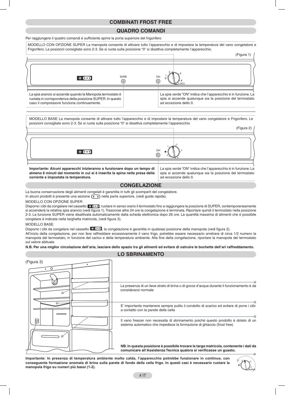 Combinati frost free quadro comandi, Congelazione, Lo sbrinamento | Candy CFNF 3755 User Manual | Page 4 / 32