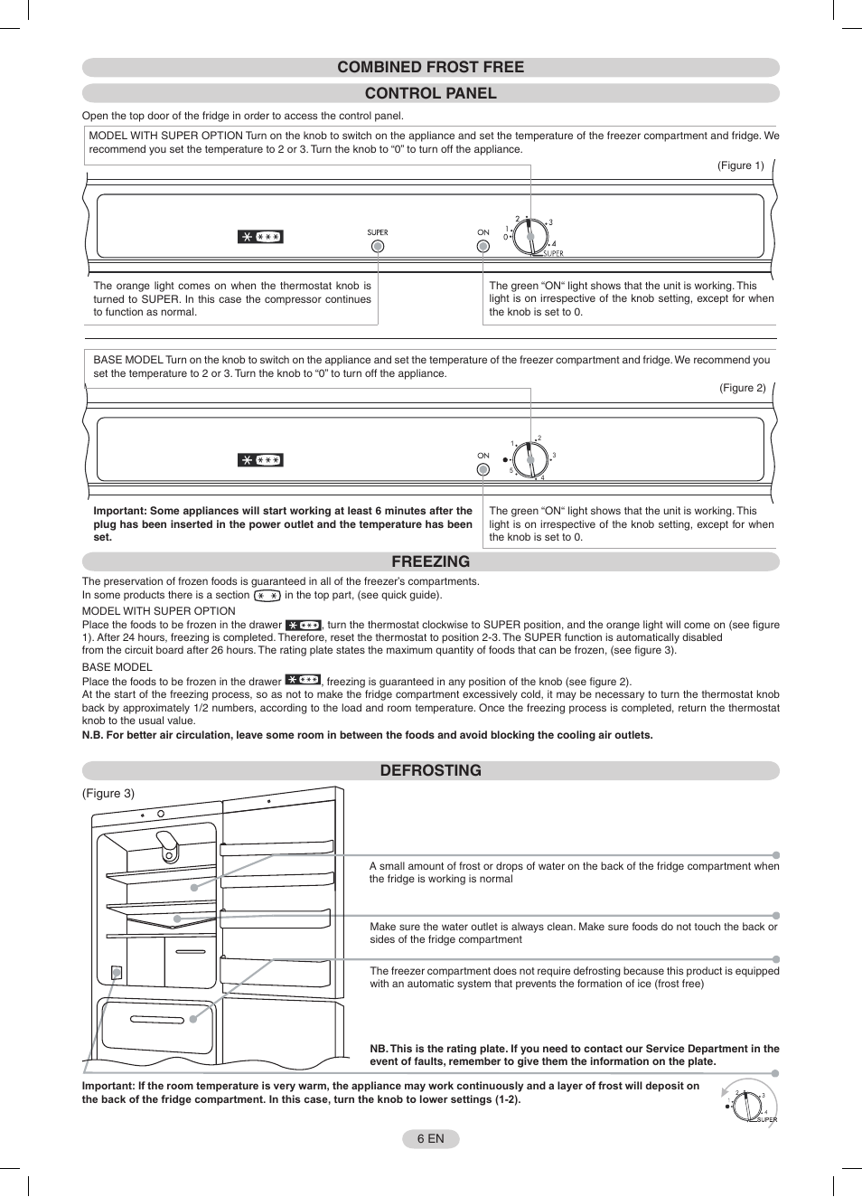 Combined frost free control panel, Freezing, Defrosting | Candy CFNF 3755 User Manual | Page 6 / 32