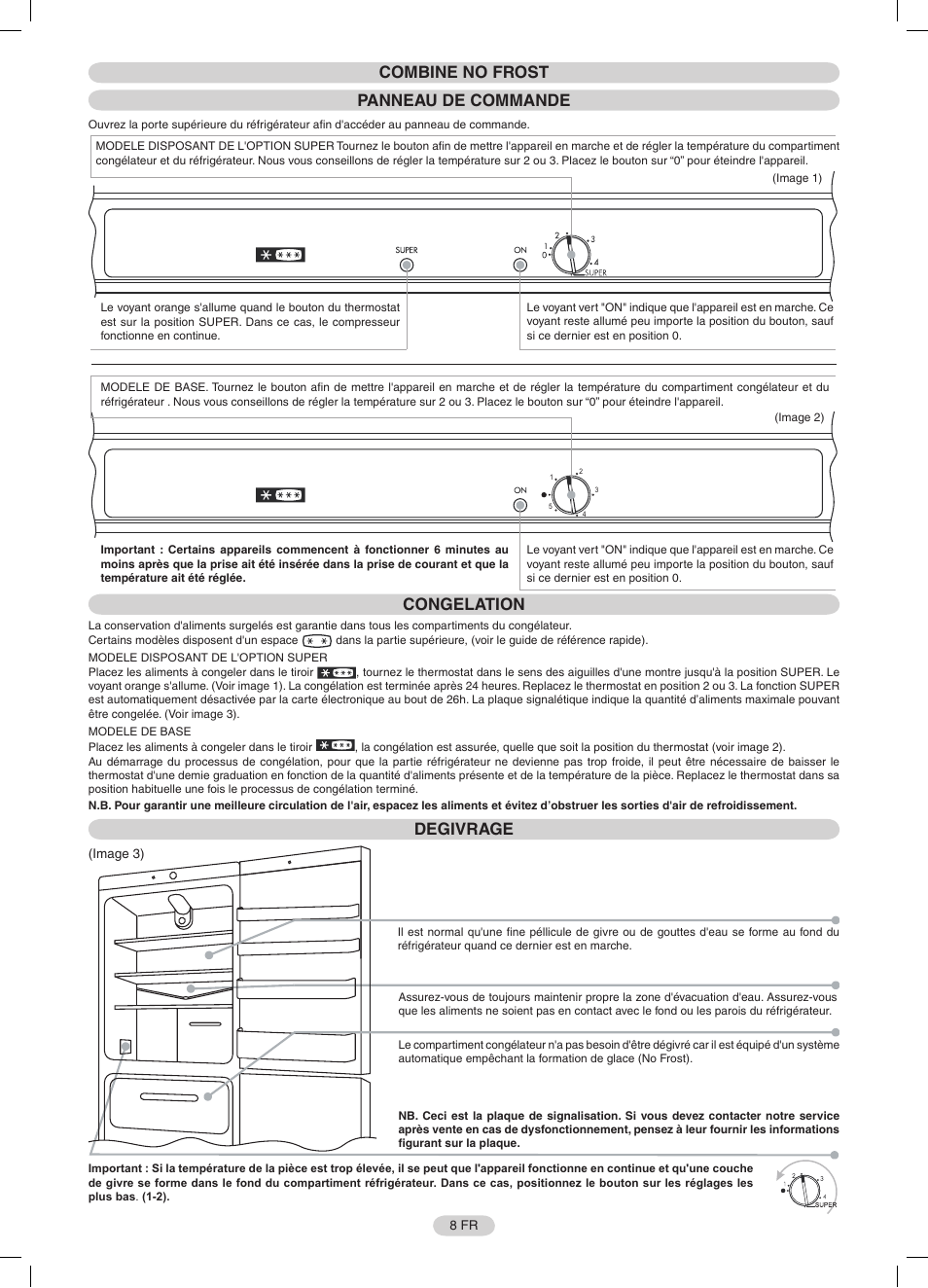 Combine no frost panneau de commande, Congelation, Degivrage | Candy CFNF 3755 User Manual | Page 8 / 32