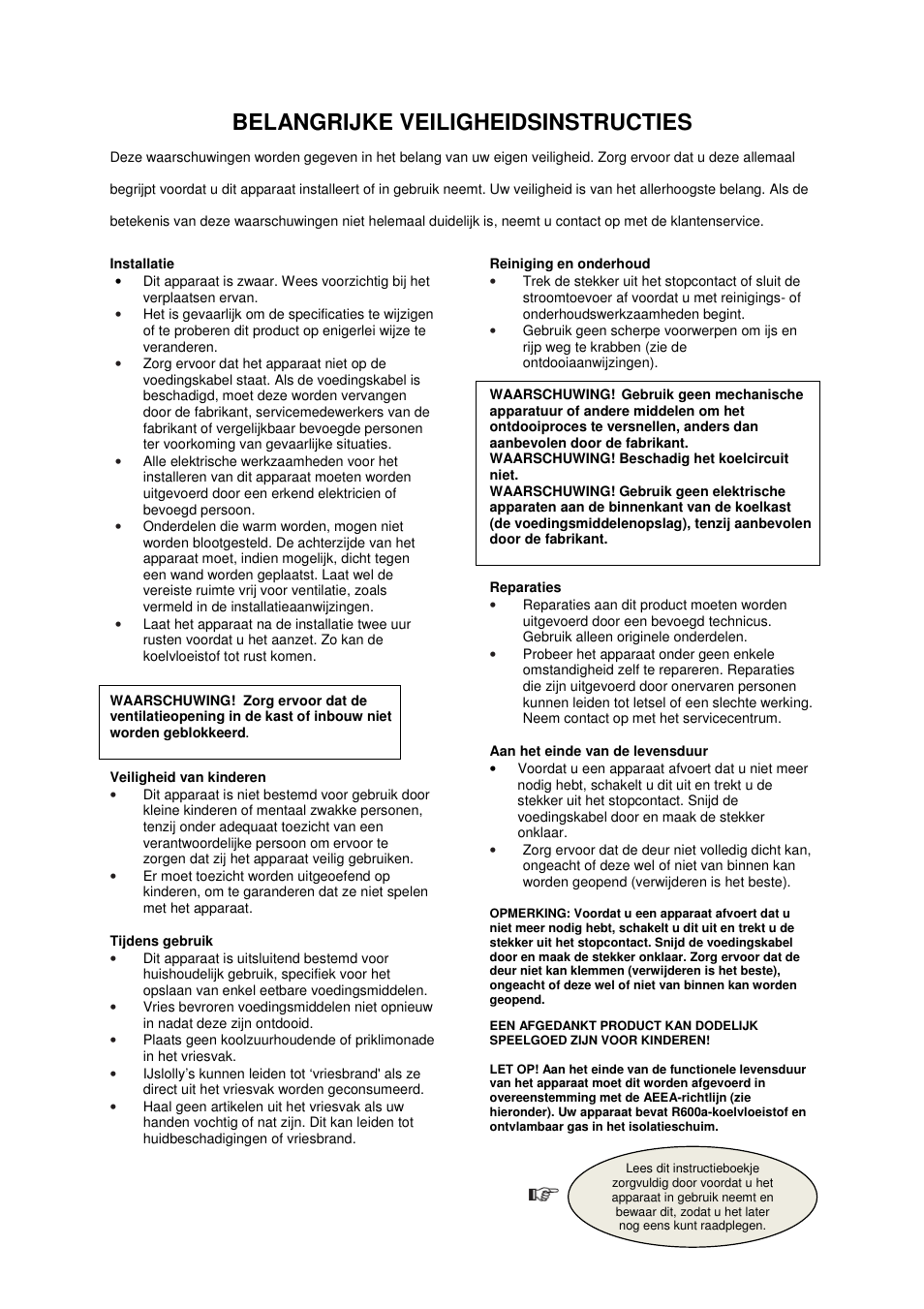 Belangrijke veiligheidsinstructies | Candy CFOEE 190 User Manual | Page 103 / 119