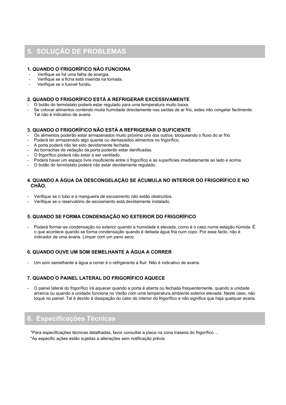 Cuidados e manutenção, Solução de problemas 6. especificações técnicas | Candy CFOEE 190 User Manual | Page 30 / 119