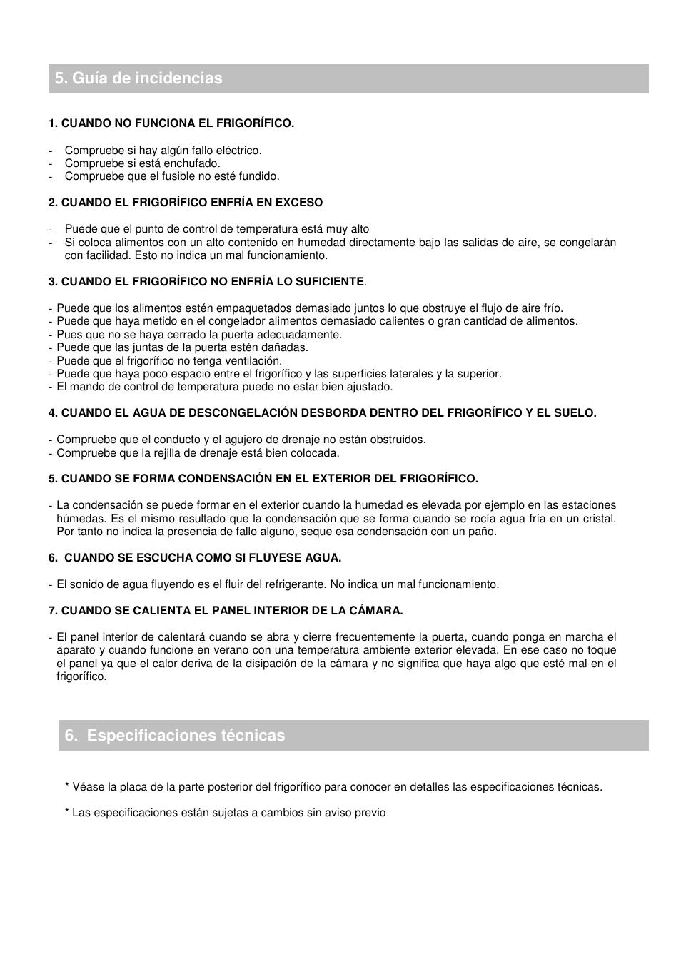 Guía de incidencias 6. especificaciones técnicas | Candy CFOEE 190 User Manual | Page 38 / 119