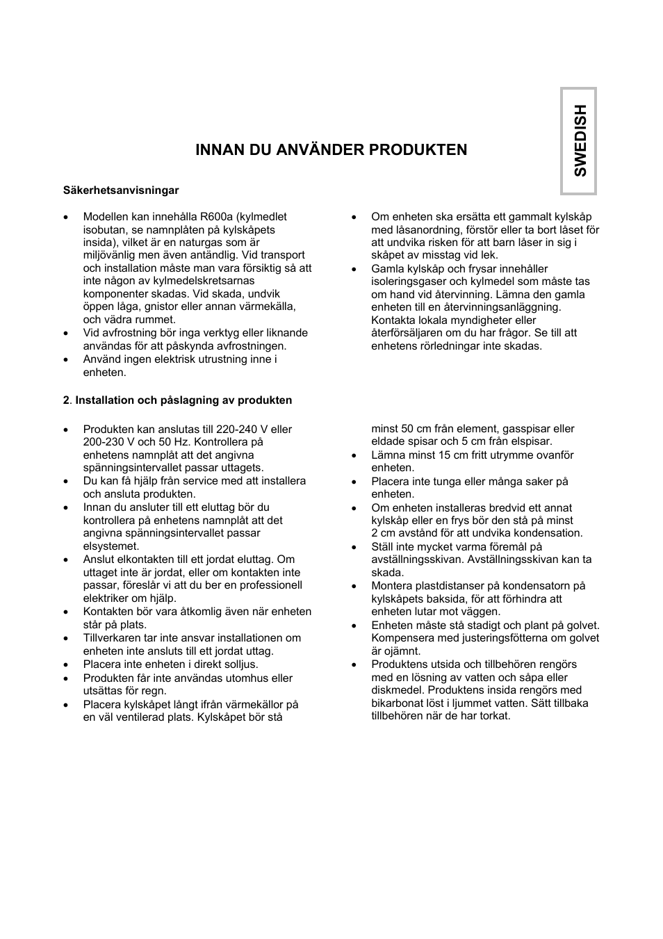 Innan du använder produkten, Swedi s h | Candy CFOEE 190 User Manual | Page 73 / 119