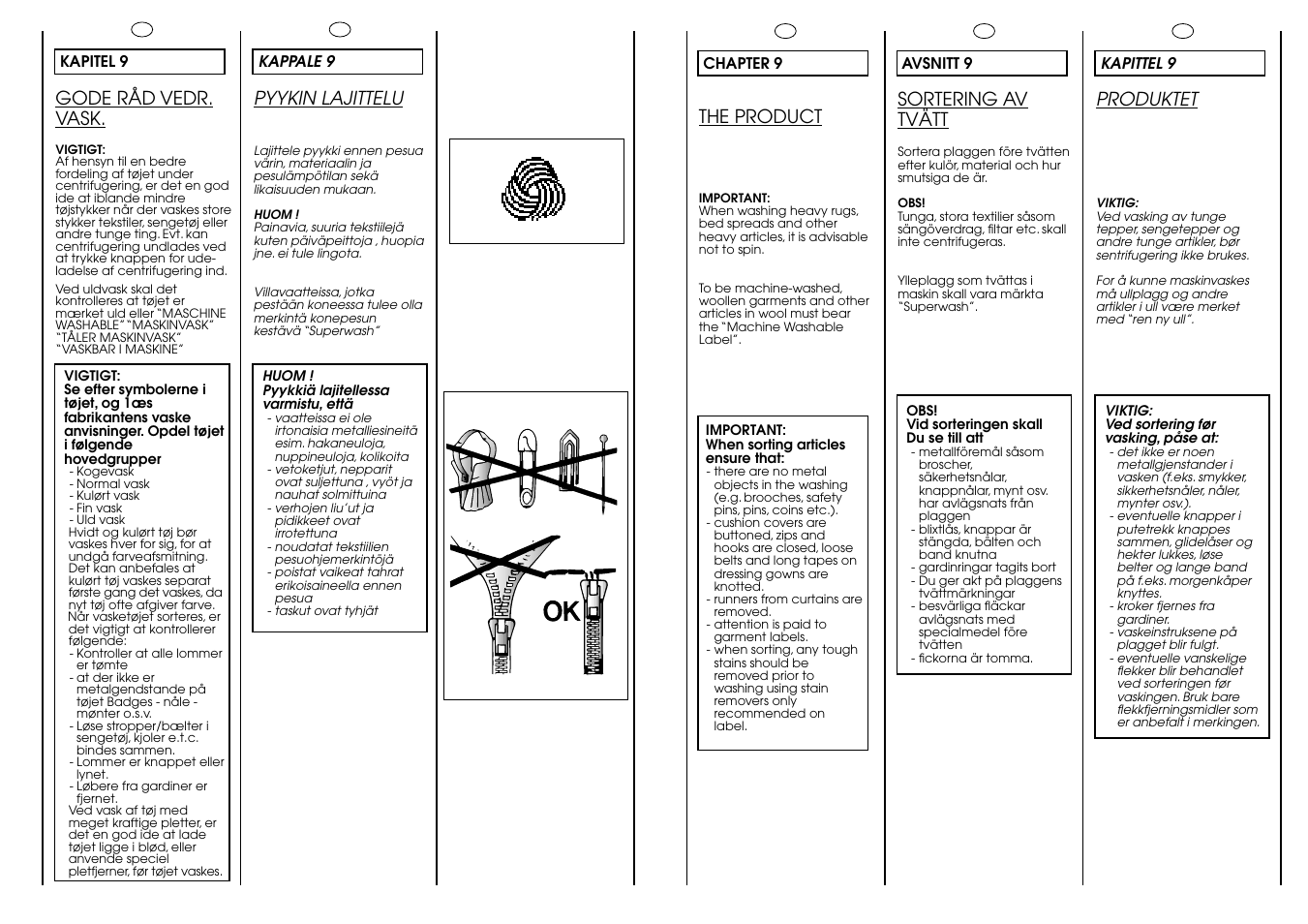 Gode råd vedr. vask, Pyykin lajittelu, Produktet | Sortering av tvätt, The product | Candy CBL 120 FIN User Manual | Page 22 / 37