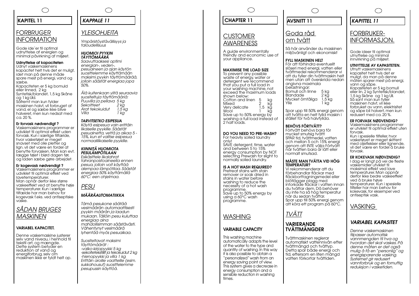 Forbruger information, Sådan bruges maskinen, Yleisohjeita | Pesu, Forbruker- informasjon, Vasking, Goda råd om tvätt, Tvätt, Customer awareness, Washing | Candy CBL 120 FIN User Manual | Page 28 / 37