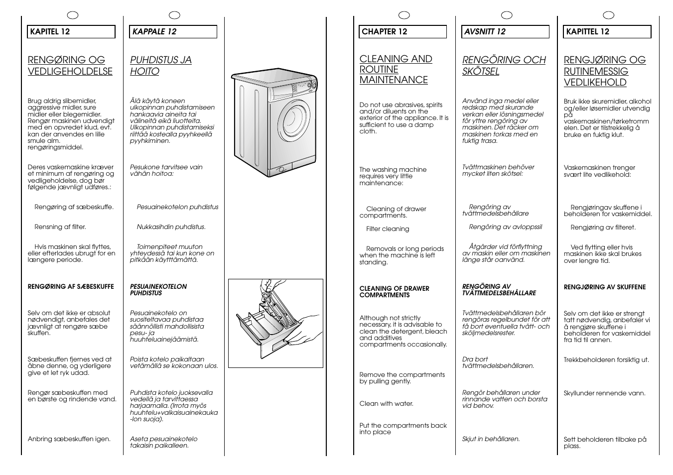 Rengøring og vedligeholdelse, Puhdistus ja hoito, Rengöring och skötsel | Rengjøring og rutinemessig vedlikehold, Cleaning and routine maintenance | Candy CBL 120 FIN User Manual | Page 31 / 37