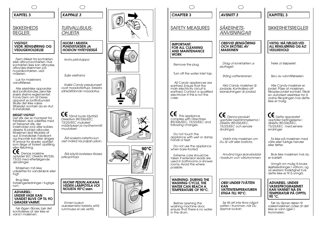 Turvallisuus- ohjeita, Sikkerheds regler, Säkerhets- anvisningar | Sikkerhetsregler, Safety measures | Candy CBL 120 FIN User Manual | Page 6 / 37